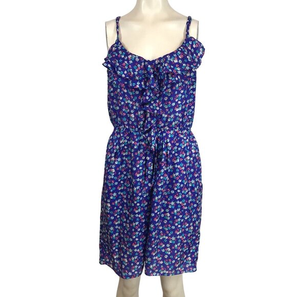 REBECCA TAYLOR- WOMEN'S 12 - BLUE FLORAL SPAGHETTI STRAP RUFFLE 100% SILK DRESS - Picture 1 of 8